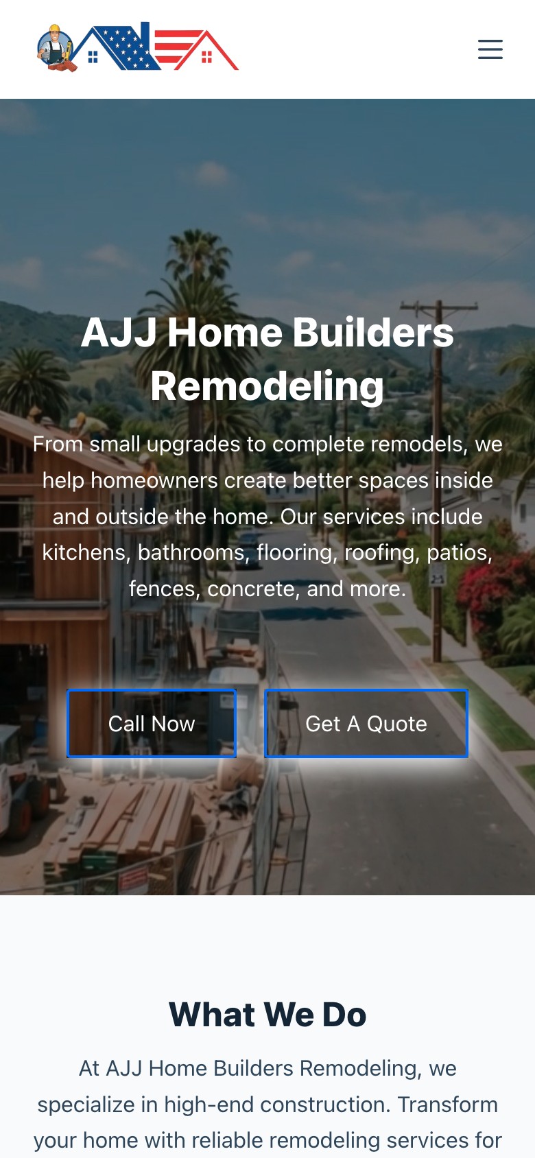 AJJ Home Builders Remodeling website on a phone