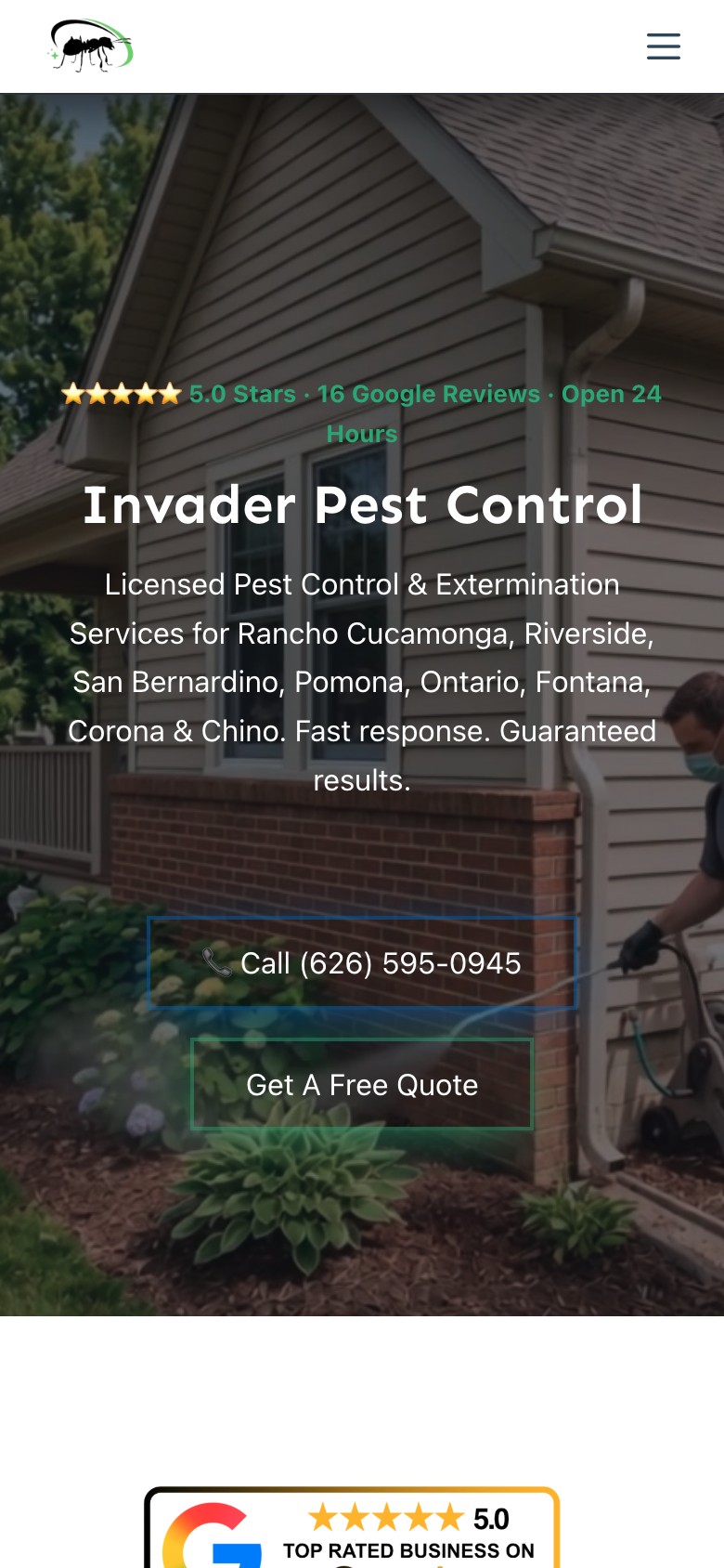 Invader Pest Control website on a phone